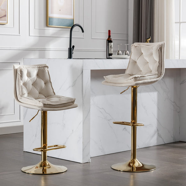 English Elm Set of 2 Velvet Swivel Bar Stools with Gold Legs, Chrome Footrest, Height Adjustable Modern Counter Chairs Cream W124983610