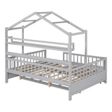 Hearth and Haven Wooden Full Size House Bed with Twin Size Trundle, Kids Bed with Shelf WF301683AAE