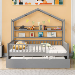 English Elm Wooden Full Size House Bed With Twin Size Trundle,Kids Bed With Shelf, Gray