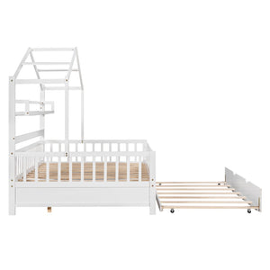 English Elm Wooden House Frame Twin Bed with Trundle and Shelf Pinewood Kids Bedroom N733S371268K