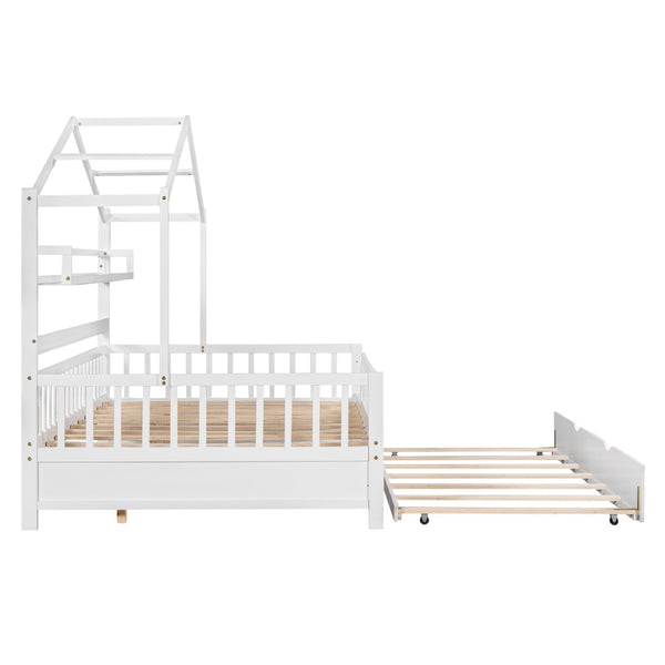 English Elm Wooden House Frame Twin Bed with Trundle and Shelf Pinewood Kids Bedroom N733S371268K
