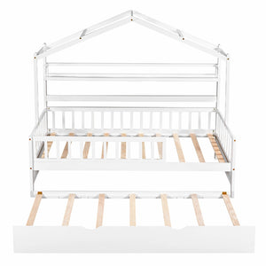 English Elm Wooden House Frame Twin Bed with Trundle and Shelf Pinewood Kids Bedroom N733S371264K