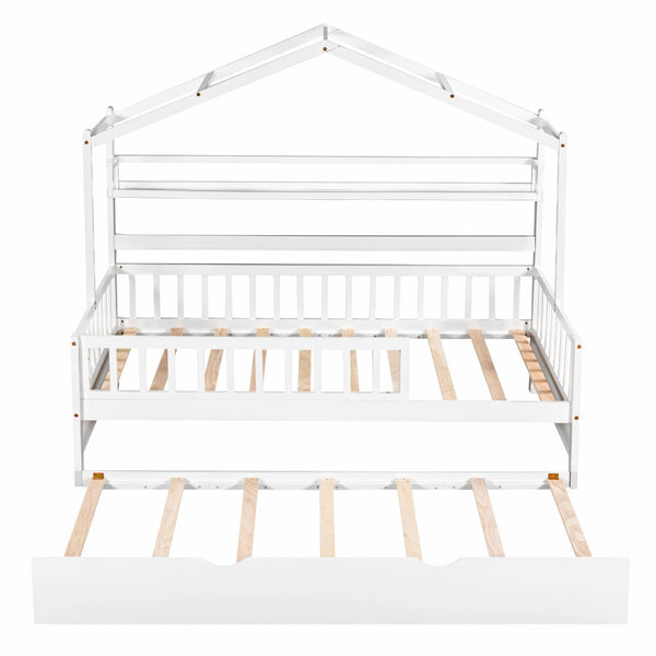 English Elm Wooden House Frame Twin Bed with Trundle and Shelf Pinewood Kids Bedroom N733S371264K