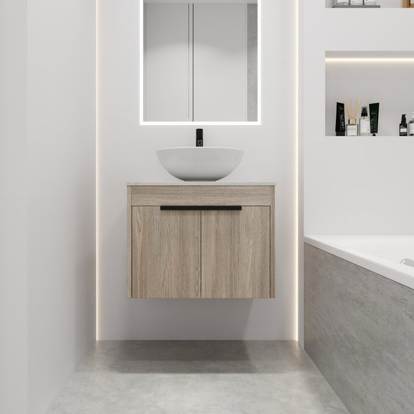English Elm 24" Modern Wall-Mounted Bathroom Vanity Set With Ceramic Sink & Soft Close Doors For Stylish Storage W999S00015
