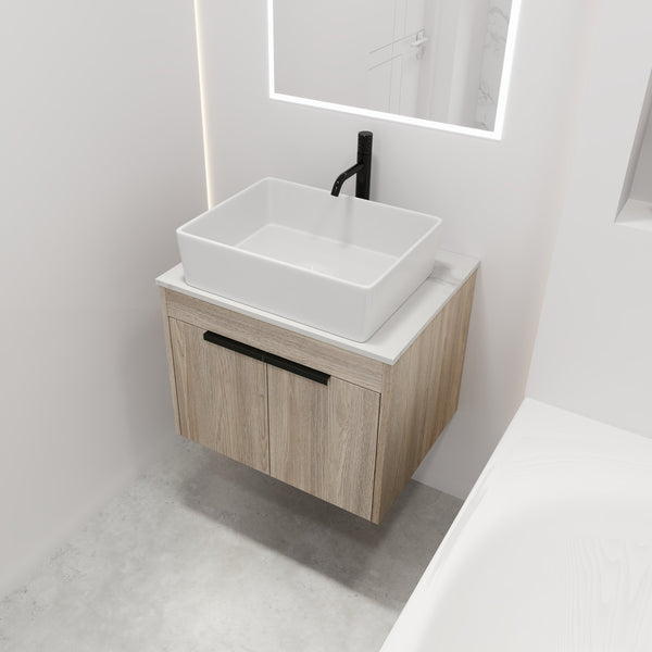 English Elm 24" Modern Floating Bathroom Vanity With Ceramic Basin Set, White Oak, Soft-Close Doors & Storage W999S00018