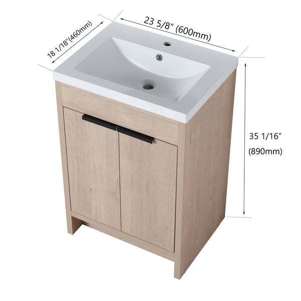 English Elm (KD-PACKING)24 Inch Freestanding Vanity with White Resin Sink, Soft-Close Doors, Adjustable Shelf, Durable Eco Plywood Finish W999S00073