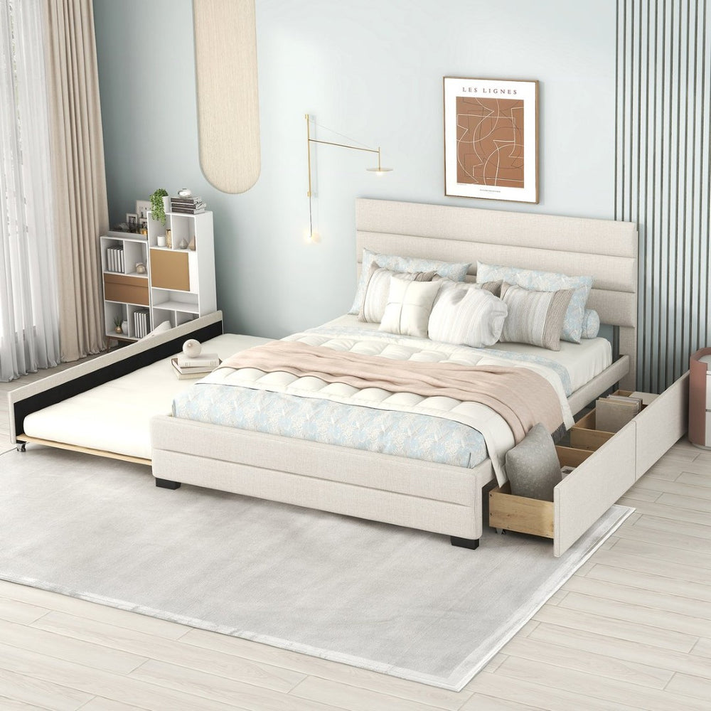 English Elm Queen Linen Upholstered Platform Bed with Trundle Twin Pullout and Storage Drawers GX001313AAA