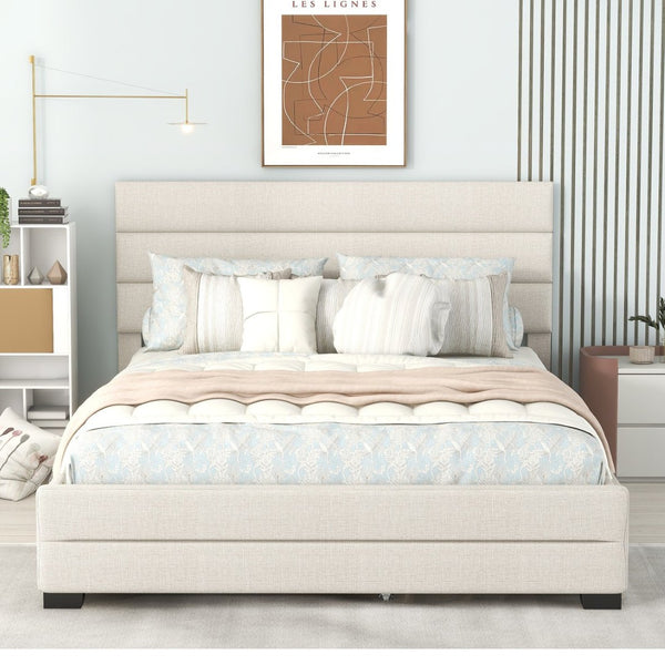 English Elm Queen Linen Upholstered Platform Bed with Trundle Twin Pullout and Storage Drawers GX001313AAA