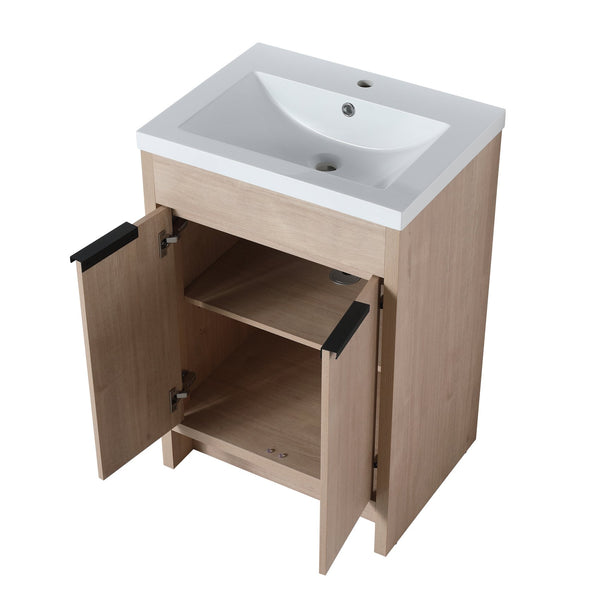 English Elm (KD-PACKING)24 Inch Freestanding Vanity with White Resin Sink, Soft-Close Doors, Adjustable Shelf, Durable Eco Plywood Finish W999S00073