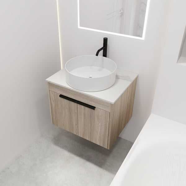 English Elm 24" Modern Wall-Mounted Bathroom Vanity Set With Ceramic Basin & Soft-Close Doors For Stylish Storage W999S00016