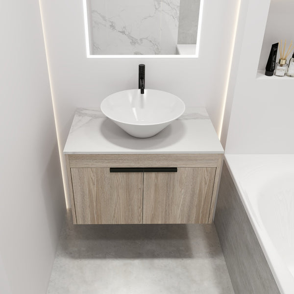 English Elm 30''Modern Floating Bathroom Vanity Wall Mounted White Oak with Ceramic Vessel Sink & Soft-Close Doors W999S00024