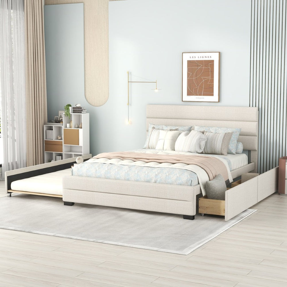 English Elm Queen Linen Upholstered Platform Bed with Trundle Twin Pullout and Storage Drawers GX001313AAA