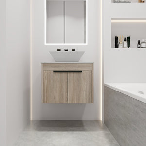English Elm 24" Modern Floating Bathroom Vanity With Ceramic Sink, Soft-Close Doors & Ample Storage Solution W999S00017