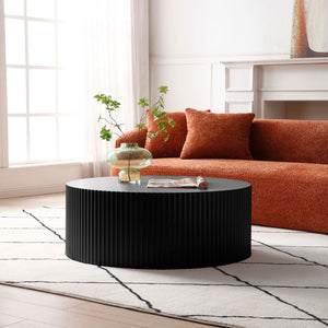 English Elm Sleek Round Mdf Coffee Table with Sculptural Relief Detail for Modern Living Rooms W876P252219