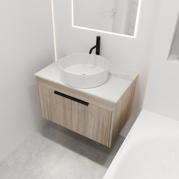 English Elm 30" Modern Floating Bathroom Vanity Set With Ceramic Sink & White Stone Top - Wall-Mounted Elegance W999S00021