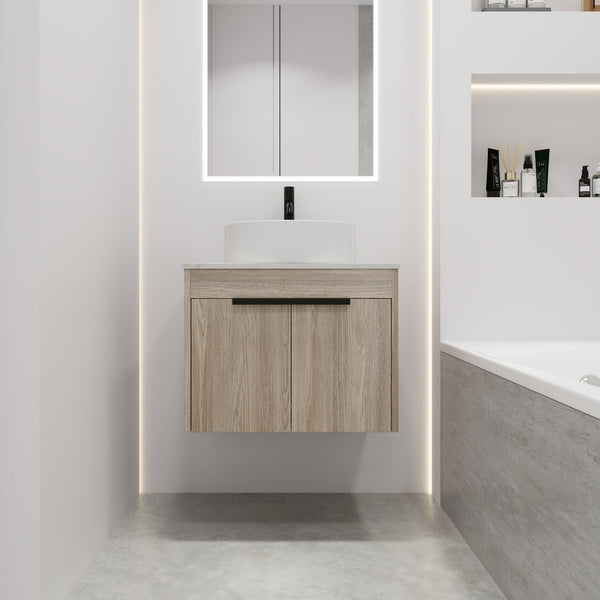 English Elm 24" Modern Wall-Mounted Bathroom Vanity Set With Ceramic Basin & Soft-Close Doors For Stylish Storage W999S00016