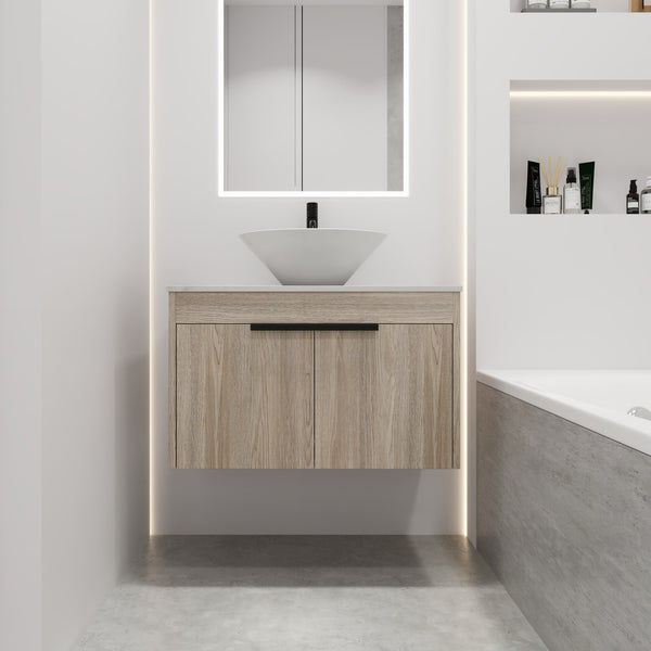English Elm 30''Modern Floating Bathroom Vanity Wall Mounted White Oak with Ceramic Vessel Sink & Soft-Close Doors W999S00024