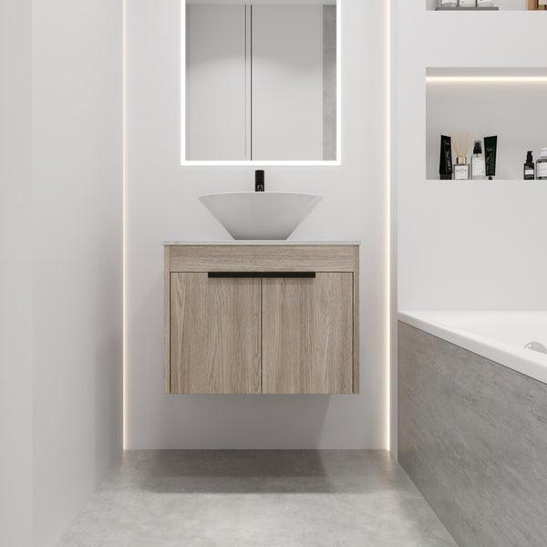 English Elm 24" Modern Floating Bathroom Vanity Set With Ceramic Sink & Soft-Close Doors - White Oak Design W999S00019