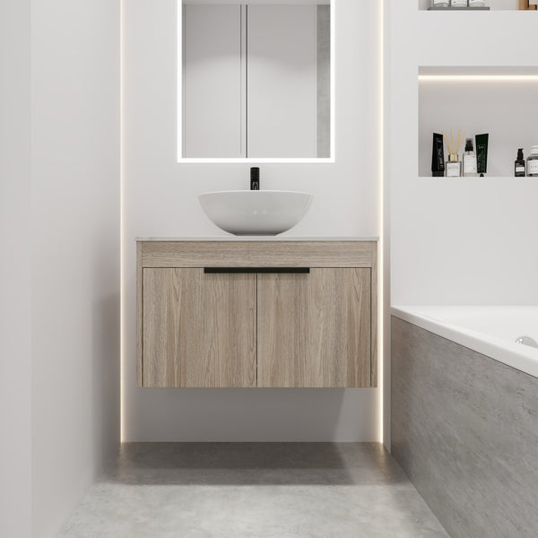 English Elm 30" Modern Floating Bathroom Vanity Set With Ceramic Sink, Soft Close Doors & Ample Storage Space W999S00020
