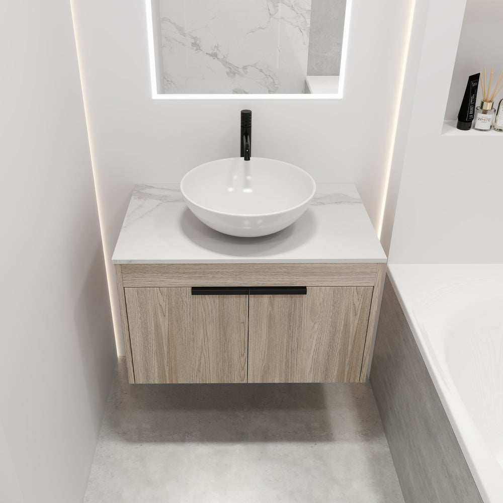 English Elm 30" Modern Floating Bathroom Vanity Set With Ceramic Sink, Soft Close Doors & Ample Storage Space W999S00020