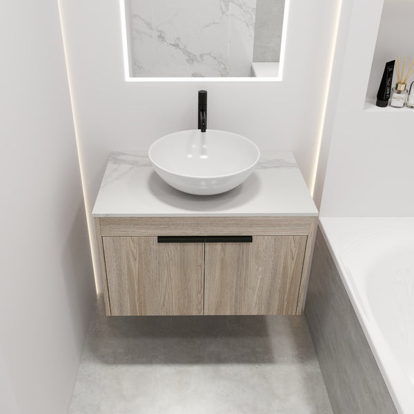 English Elm 30" Modern Floating Bathroom Vanity Set With Ceramic Sink, Soft Close Doors & Ample Storage Space W999S00020