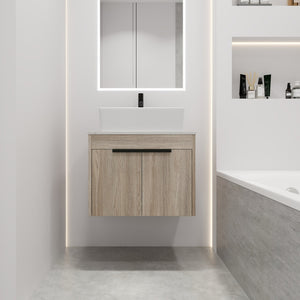English Elm 24" Modern Floating Bathroom Vanity With Ceramic Basin Set, White Oak, Soft-Close Doors & Storage W999S00018