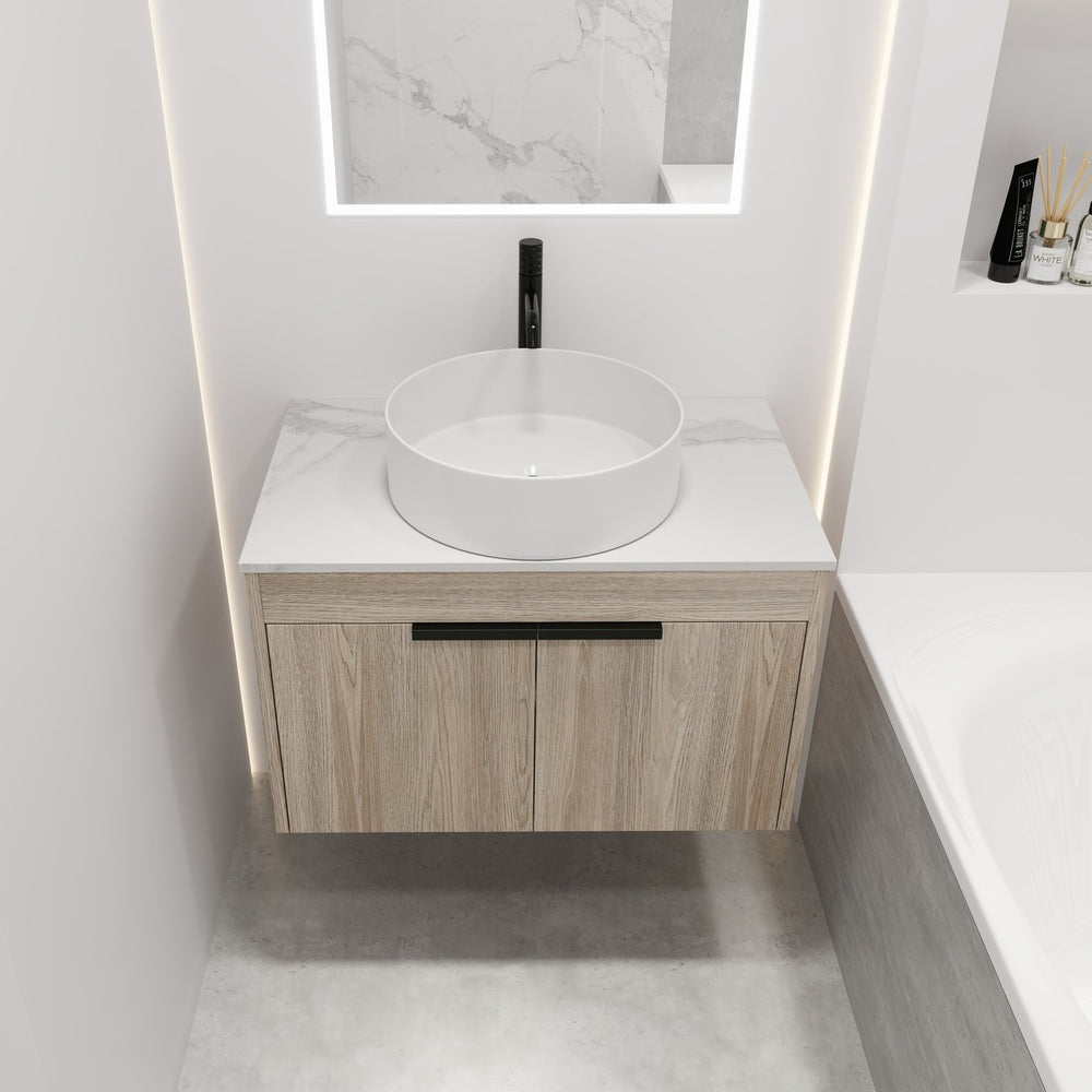 English Elm 30" Modern Floating Bathroom Vanity Set With Ceramic Sink & White Stone Top - Wall-Mounted Elegance W999S00021