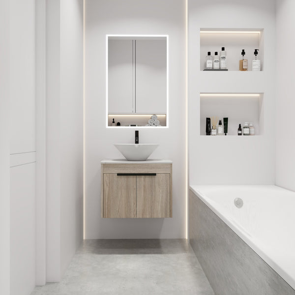 English Elm 24" Modern Floating Bathroom Vanity Set With Ceramic Sink & Soft-Close Doors - White Oak Design W999S00019
