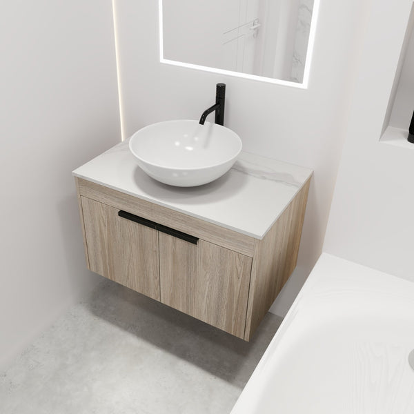 English Elm 30" Modern Floating Bathroom Vanity Set With Ceramic Sink, Soft Close Doors & Ample Storage Space W999S00020