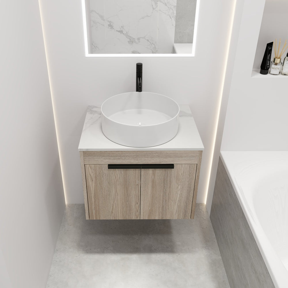 English Elm 24" Modern Wall-Mounted Bathroom Vanity Set With Ceramic Basin & Soft-Close Doors For Stylish Storage W999S00016
