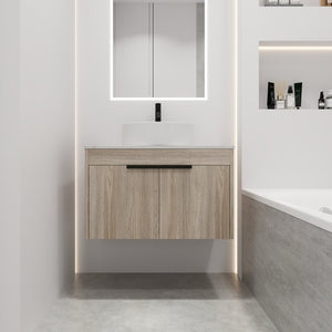 English Elm 30" Modern Floating Bathroom Vanity Set With Ceramic Sink & White Stone Top - Wall-Mounted Elegance W999S00021