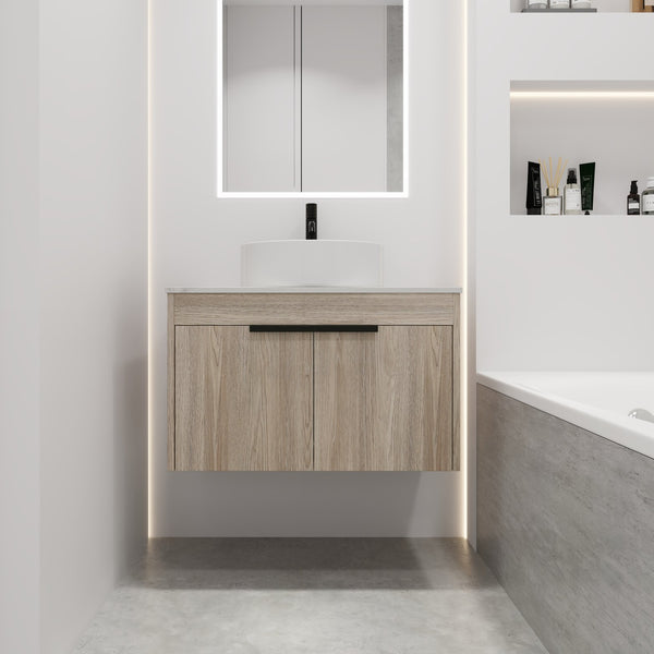 English Elm 30" Modern Floating Bathroom Vanity Set With Ceramic Sink & White Stone Top - Wall-Mounted Elegance W999S00021