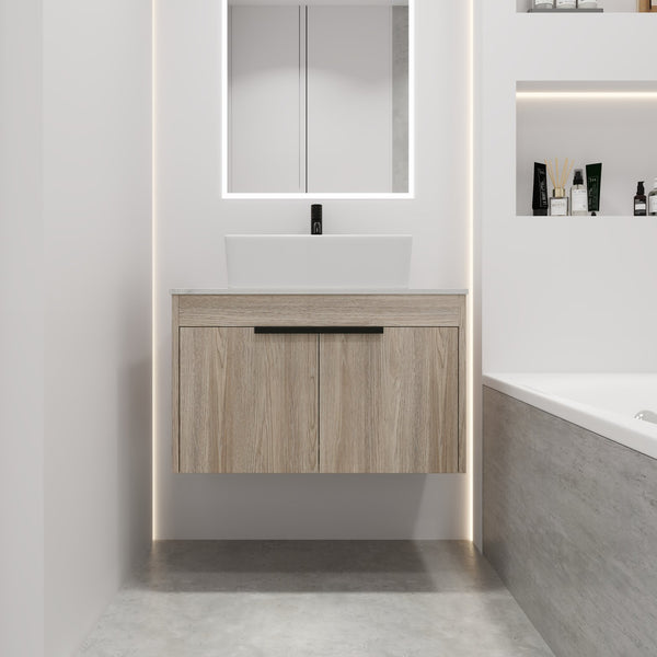 English Elm 30" Modern Wall-Mounted Bathroom Vanity Set With Soft-Close Doors & Ceramic Basin For Stylish Spaces W999S00023