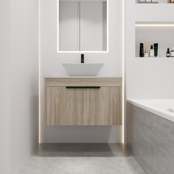 English Elm 30" Modern Floating Bathroom Vanity Set With Ceramic Sink, Soft-Close Doors & Stylish Storage Space W999S00022