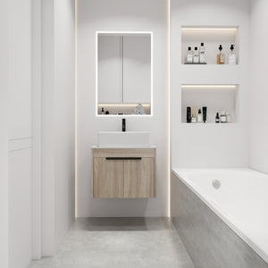 English Elm 24" Modern Floating Bathroom Vanity With Ceramic Basin Set, White Oak, Soft-Close Doors & Storage W999S00018