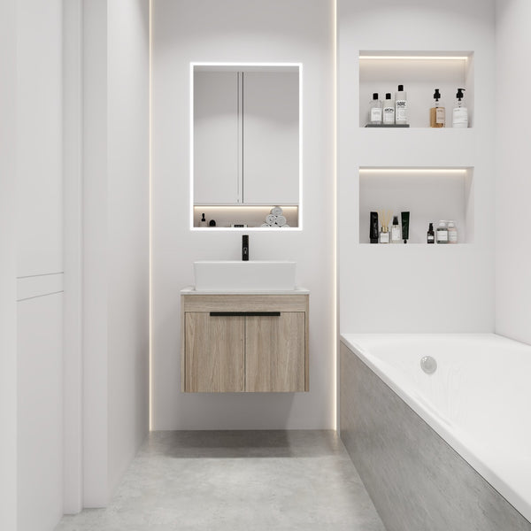 English Elm 24" Modern Floating Bathroom Vanity With Ceramic Basin Set, White Oak, Soft-Close Doors & Storage W999S00018