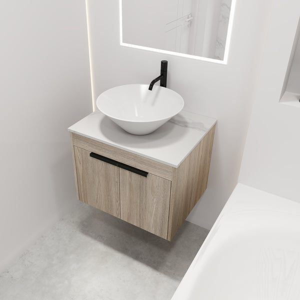 English Elm 24" Modern Floating Bathroom Vanity Set With Ceramic Sink & Soft-Close Doors - White Oak Design W999S00019