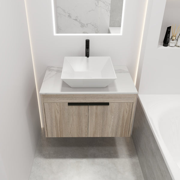 English Elm 30" Modern Floating Bathroom Vanity Set With Ceramic Sink, Soft-Close Doors & Stylish Storage Space W999S00022