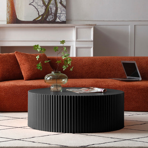 English Elm Sleek Round Mdf Coffee Table with Sculptural Relief Detail for Modern Living Rooms W876P252219