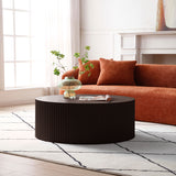 English Elm Artisanal Round Mdf Coffee Table With Handcrafted Relief and Stunning Painting Finish, Brown