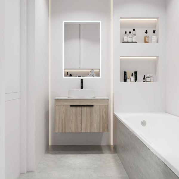 English Elm 30" Modern Floating Bathroom Vanity Set With Ceramic Sink & White Stone Top - Wall-Mounted Elegance W999S00021
