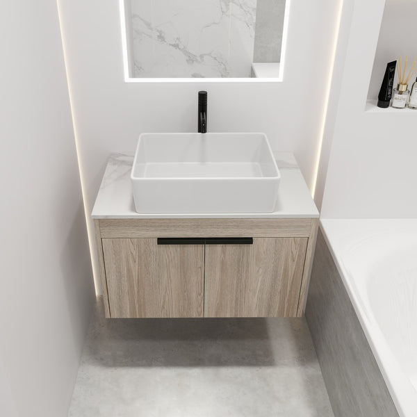 English Elm 30" Modern Wall-Mounted Bathroom Vanity Set With Soft-Close Doors & Ceramic Basin For Stylish Spaces W999S00023