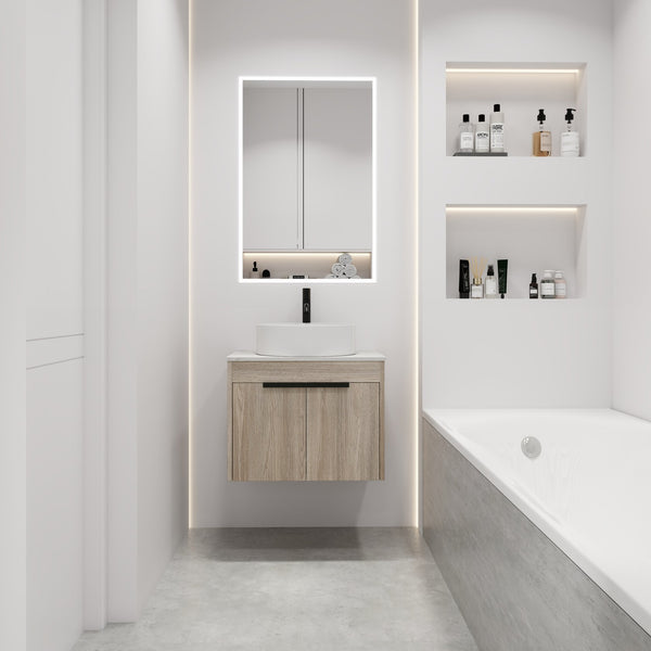English Elm 24" Modern Wall-Mounted Bathroom Vanity Set With Ceramic Basin & Soft-Close Doors For Stylish Storage W999S00016