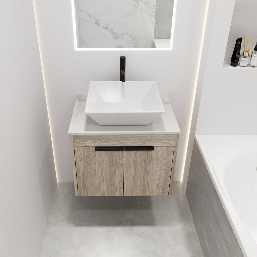 English Elm 24" Modern Floating Bathroom Vanity With Ceramic Sink, Soft-Close Doors & Ample Storage Solution W999S00017
