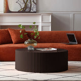 English Elm Artisanal Round Mdf Coffee Table With Handcrafted Relief and Stunning Painting Finish, Brown