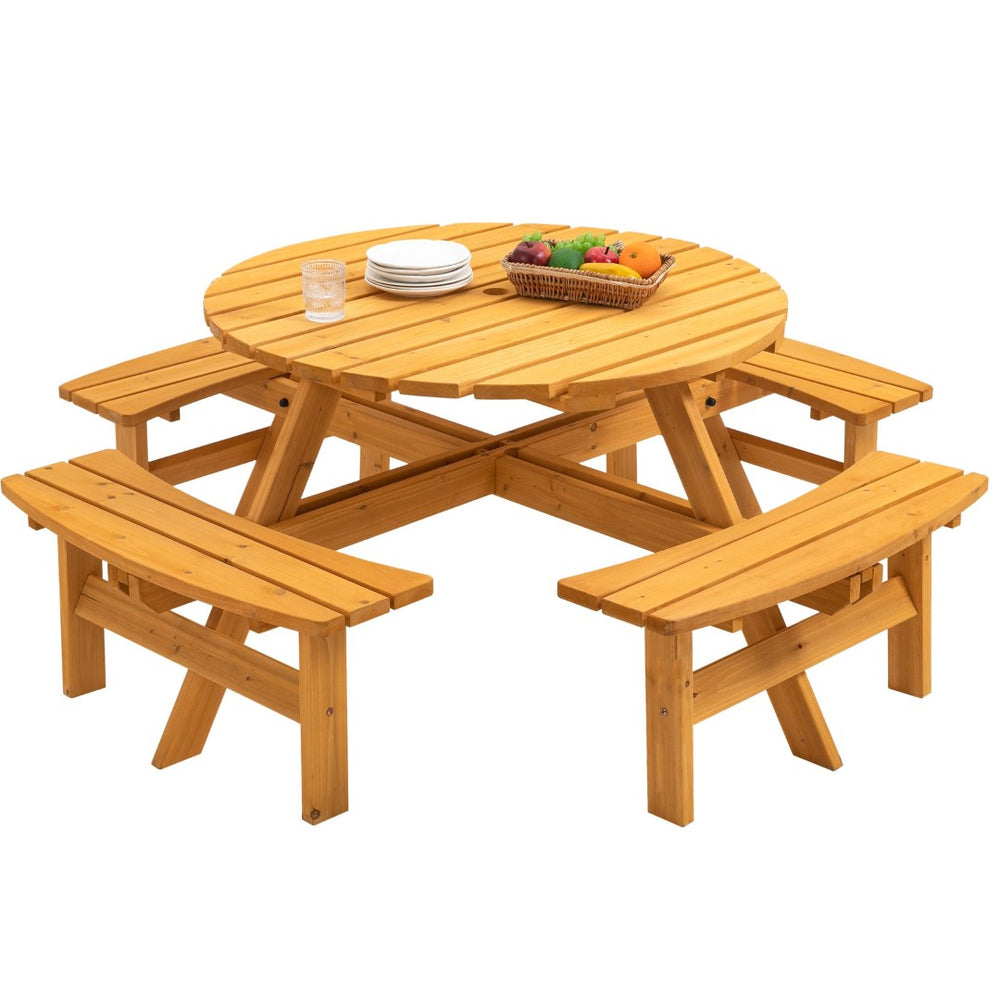 English Elm 8 Person Round Fir Wood Picnic Table with Four Curved Built-in Benches Outdoor W1422S00020