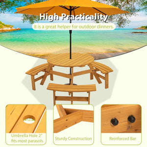 English Elm 6-person Round Outdoor Fir Wood Picnic Table with Three Built-in Curved Benches W1422122467