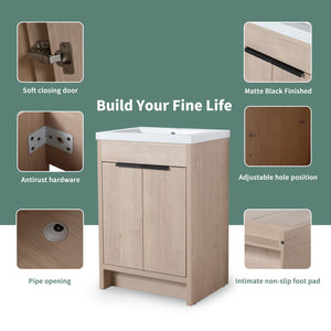 English Elm (KD-PACKING)24 Inch Freestanding Vanity with White Resin Sink, Soft-Close Doors, Adjustable Shelf, Durable Eco Plywood Finish W999S00073