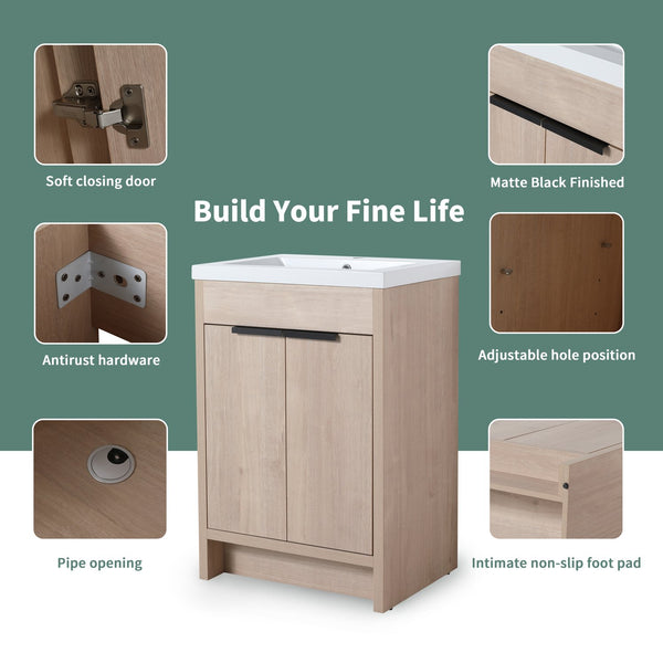 English Elm (KD-PACKING)24 Inch Freestanding Vanity with White Resin Sink, Soft-Close Doors, Adjustable Shelf, Durable Eco Plywood Finish W999S00073