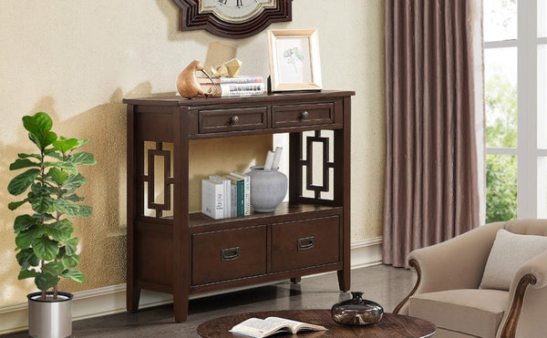 English Elm 36'' Pine Wood Farmhouse Console Table with Four Drawers and Open Shelf for Entryway W120290510